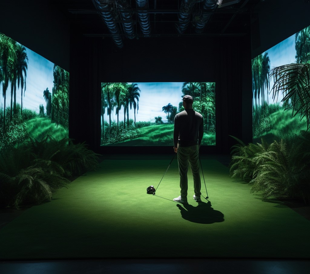 man immersed in golf simulator